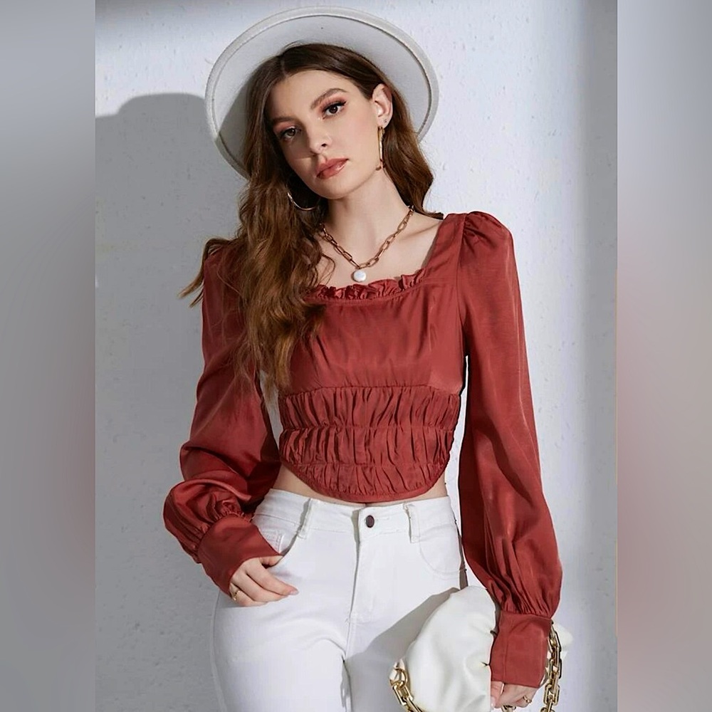 SHEIN Women’s Frill Trim Ruched Curved Hem Satin Blouse size small (4) Orange